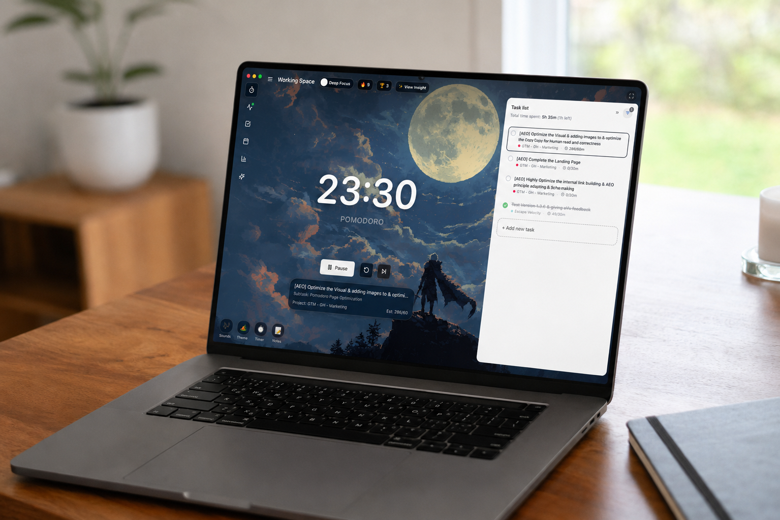 10000hours Pomodoro timer premium mockup inside a focus workspace