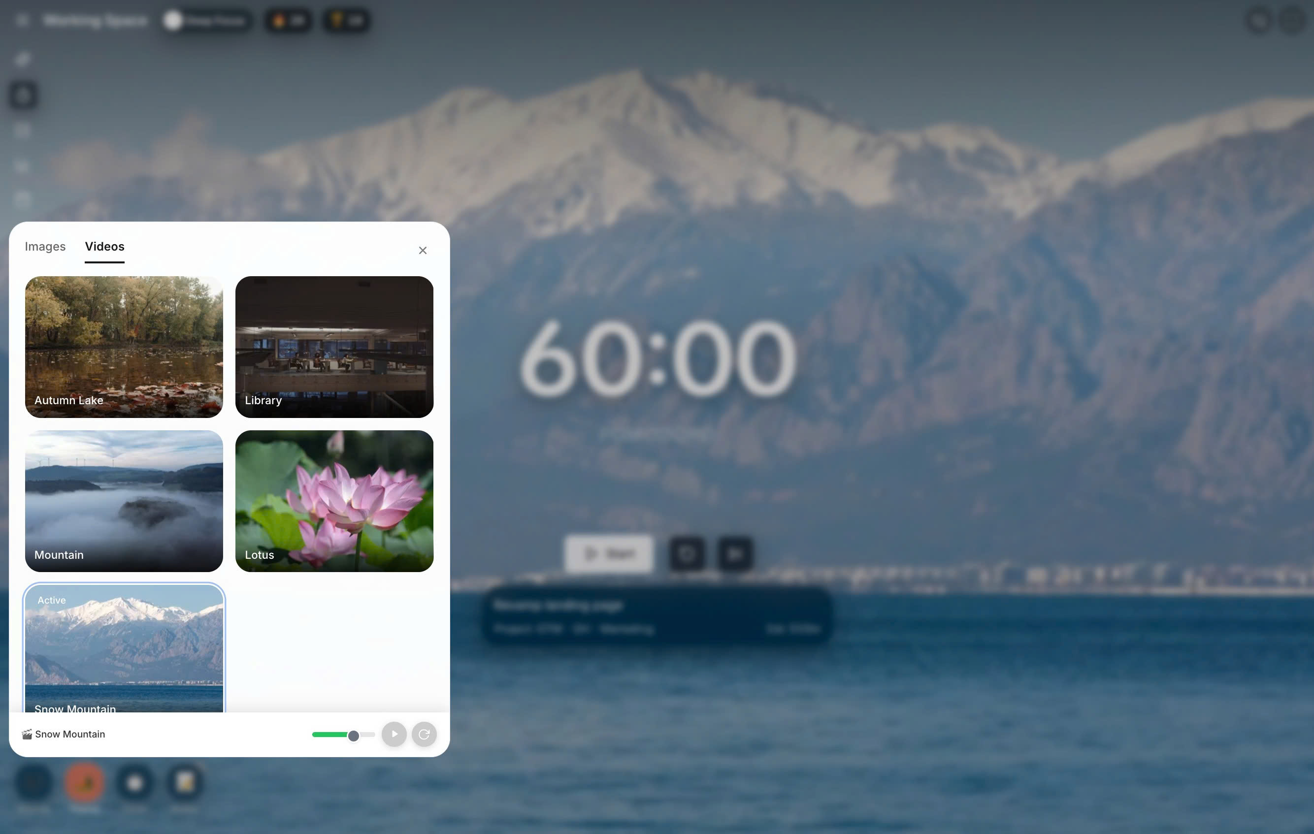 10000hours animated video background picker showing café, mountain, lotus, and snow mountain scenes